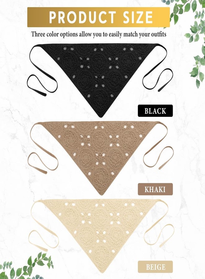 Velmitten 3 Pcs Crochet Bandana Headscarf Hair Scarf Headbands for Women Girls Knitted Head Kerchief, Black Beige Khaki - Image 4